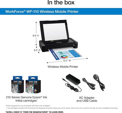 Epson Workforce WF-110 Wireless Color Mobile Printer,White, Small,Black | Portable wireless color printing; up to 6.7 ppm, rechargeable battery, USB; ideal for businesses, travel and remote work in Kuwait