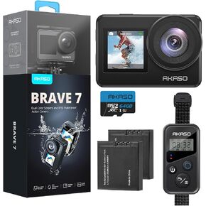 AKASO Brave 7 4K30FPS 20MP WiFi Action Camera with Touch Screen IPX8 33FT Waterproof Camera EIS 2.0 Zoom Support External Mic Voice Control with 2X 1350mAh Batteries Vlog Camera in Kuwait