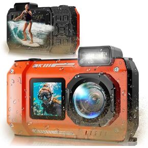 33FT Underwater Camera,Rugged 8K Waterproof Camera 70MP for Snorkeling | Autofocus Floatable Digital Waterproof Camera with Dual Screens,18X Zoom,2500mAh Battery for Swimming, Surfing, Orange(16GB) in Kuwait