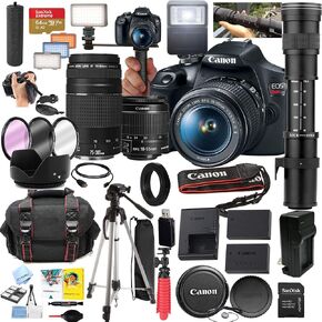 Canon EOS Rebel T7 DSLR Camera with 18-55mm, 75-300mm III & 420-800mm Telephoto Lenses, 24.1MP, 64GB SD Card, Slave Flash & Bundle (Renewed) in Kuwait