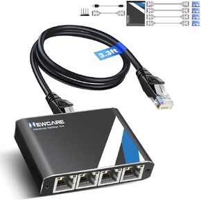 مقسم إيثرنت NEWCARE من 1 إلى 4 مع كابل LAN بطول 3.3 قدم، سرعة عالية 1000 ميجابت في الثانية | موزع إنترنت 1 في 4 مخرج [4 أجهزة شبكية في وقت واحد] موزع شبكة جيجابت متعدد المنافذ RJ45 لـ Cat5e/6/7/8 in Kuwait