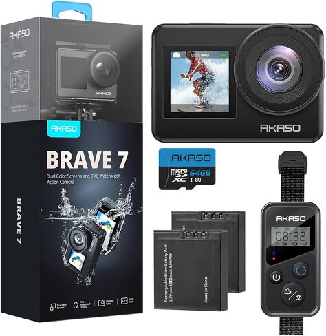 AKASO Brave 7 4K30FPS 20MP WiFi Action Camera with Touch Screen IPX8 33FT Waterproof Camera EIS 2.0 Zoom Support External Mic Voice Control with 2X 1350mAh Batteries Vlog Camera in Kuwait
