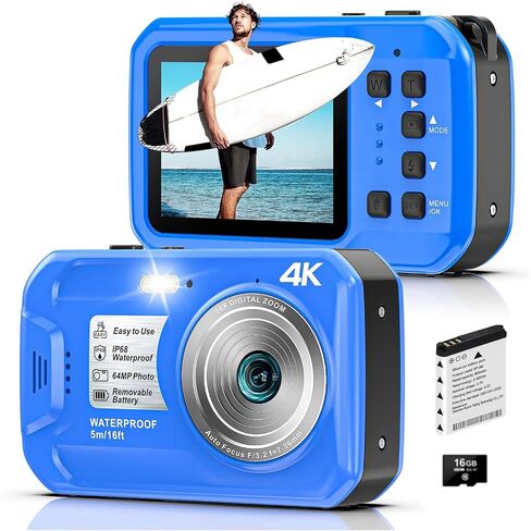4K Underwater Camera, 64MP 16FT Waterproof Camera w/16GB Card, Pink | Floatable Digital Camera, 16X Digital Zoom, Auto Focus, Fill Light, 650mAh Battery, Ideal for Travel, Surfing, Swimming in Kuwait