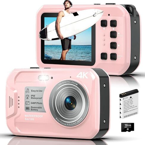 4K Underwater Camera, 64MP 16FT Waterproof Camera, 16GB Card, Pink in Kuwait