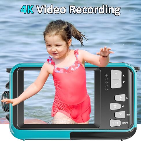 كاميرا 4K تحت الماء 16FT مقاومة للماء وشاشة مزدوجة 64 ميجابكسل مع بطاقة 32 جيجابايت | تركيز تلقائي، قابل للطفو، صغير الحجم، بطارية 1250 مللي أمبير في الساعة، من النوع C، مثالي لصور السيلفي والغطس والسفر والإجازات العائلية، سماوي in Kuwait