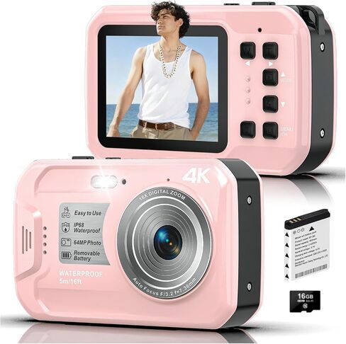 4K Underwater Camera, 64MP 16FT Waterproof Camera w/16GB Card, Light Pink | Floatable Digital Camera, 16X Digital Zoom, Auto Focus, Fill Light, 650mAh Battery, Ideal for Travel, Surfing, Swimming in Kuwait