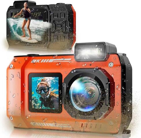 33FT Underwater Camera,Rugged 8K Waterproof Camera 70MP for Snorkeling | Autofocus Floatable Digital Waterproof Camera with Dual Screens,18X Zoom,2500mAh Battery for Swimming, Surfing, Orange(16GB) in Kuwait