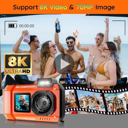 33FT Underwater Camera,Rugged 8K Waterproof Camera 70MP for Snorkeling | Autofocus Floatable Digital Waterproof Camera with Dual Screens,18X Zoom,2500mAh Battery for Swimming, Surfing, Orange(16GB) in Kuwait