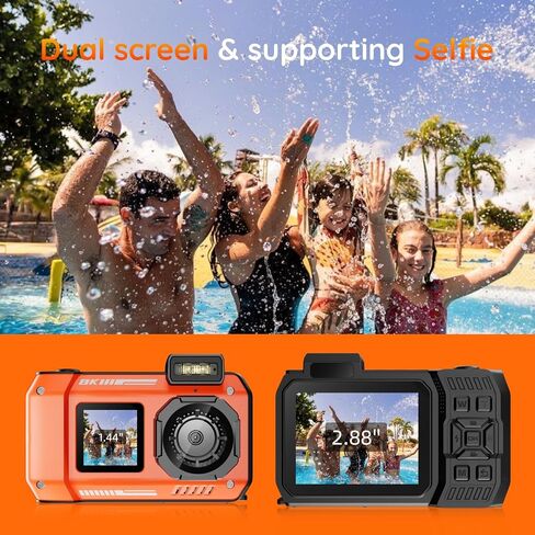 33FT Underwater Camera,Rugged 8K Waterproof Camera 70MP for Snorkeling | Autofocus Floatable Digital Waterproof Camera with Dual Screens,18X Zoom,2500mAh Battery for Swimming, Surfing, Orange(16GB) in Kuwait