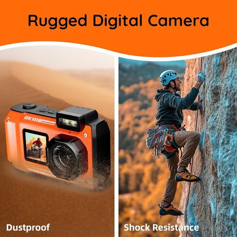 33FT Underwater Camera,Rugged 8K Waterproof Camera 70MP for Snorkeling | Autofocus Floatable Digital Waterproof Camera with Dual Screens,18X Zoom,2500mAh Battery for Swimming, Surfing, Orange(16GB) in Kuwait