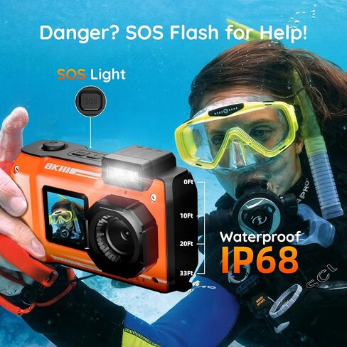 33FT Underwater Camera,Rugged 8K Waterproof Camera 70MP for Snorkeling | Autofocus Floatable Digital Waterproof Camera with Dual Screens,18X Zoom,2500mAh Battery for Swimming, Surfing, Orange(16GB) in Kuwait