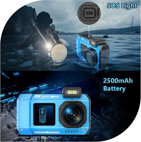 8K Underwater Camera, 70MP 33FT WiFi Waterproof Digital Camera with 32GB | Dual-Screen Selfie, Floatable, Auto Focus, Fill Light, 2500mAh Battery, 18X Digital Zoom in Kuwait