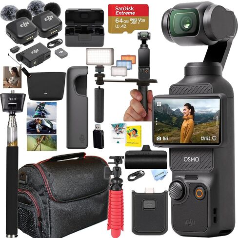 كاميرا DJI Osmo Pocket 3 4K مع ميكروفون صغير ونظام ميكروفون لاسلكي لشخصين، وبطاقة ذاكرة 64 جيجابايت، وبنك طاقة، وعصا سيلفي، وحزمة منشئ المحتوى in Kuwait