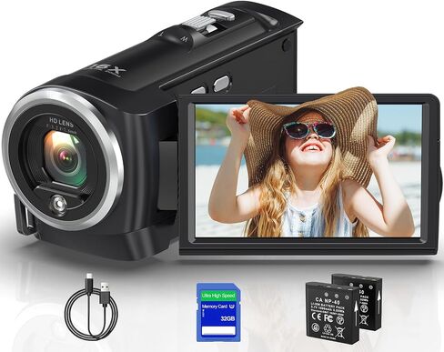 2.7K Video Camera Camcorder QHD 56MP YouTube Vlogging Cameras | 16X Digital Zoom Camcorders Webcam with 32G SD Card 270 Degree Rotation Screen and 2 Batteries Recording While Charging in Saudi Arabia