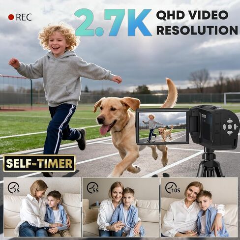 2.7K Video Camera Camcorder QHD 56MP YouTube Vlogging Cameras | 16X Digital Zoom Camcorders Webcam with 32G SD Card 270 Degree Rotation Screen and 2 Batteries Recording While Charging in Saudi Arabia