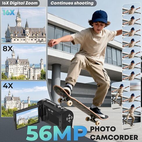 2.7K Video Camera Camcorder QHD 56MP YouTube Vlogging Cameras | 16X Digital Zoom Camcorders Webcam with 32G SD Card 270 Degree Rotation Screen and 2 Batteries Recording While Charging in Saudi Arabia