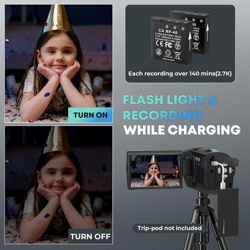 2.7K Video Camera Camcorder QHD 56MP YouTube Vlogging Cameras | 16X Digital Zoom Camcorders Webcam with 32G SD Card 270 Degree Rotation Screen and 2 Batteries Recording While Charging in Saudi Arabia