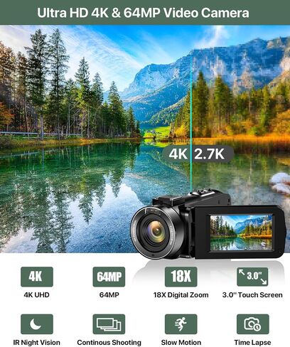 4K Video Camera Camcorder 64MP Vlogging Camera for YouTube 3.0" Touch Screen 18X Digital Zoom IR Night Vision with External Stereo Microphone,Remote,Lens Hood,Handheld Stabilizer,32G Card &2 Batteries in Saudi Arabia