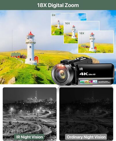 4K Video Camera Camcorder 64MP Vlogging Camera for YouTube 3.0" Touch Screen 18X Digital Zoom IR Night Vision with External Stereo Microphone,Remote,Lens Hood,Handheld Stabilizer,32G Card &2 Batteries in Saudi Arabia