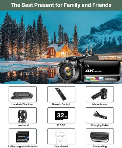 4K Video Camera Camcorder 64MP Vlogging Camera for YouTube 3.0" Touch Screen 18X Digital Zoom IR Night Vision with External Stereo Microphone,Remote,Lens Hood,Handheld Stabilizer,32G Card &2 Batteries in Saudi Arabia