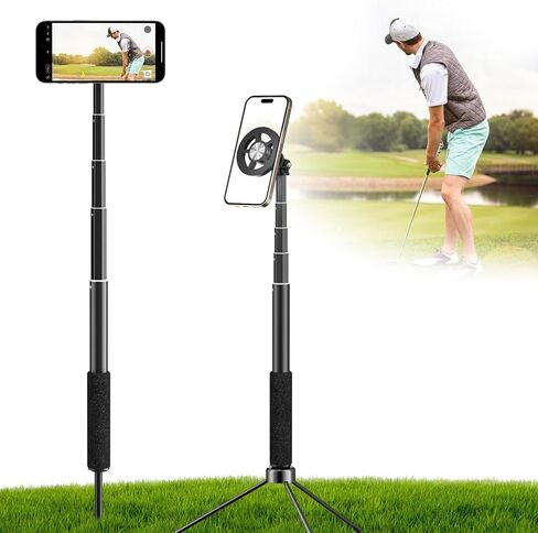 Golf Selfie Stick Tripod & Ground Spike to Record Swing, Phone Mount | Golf spike& tripod, strong magnetic mount, 11.4–47in adjustable pole, 1/4" thread, portable& compact, durable aluminum design in Saudi Arabia
