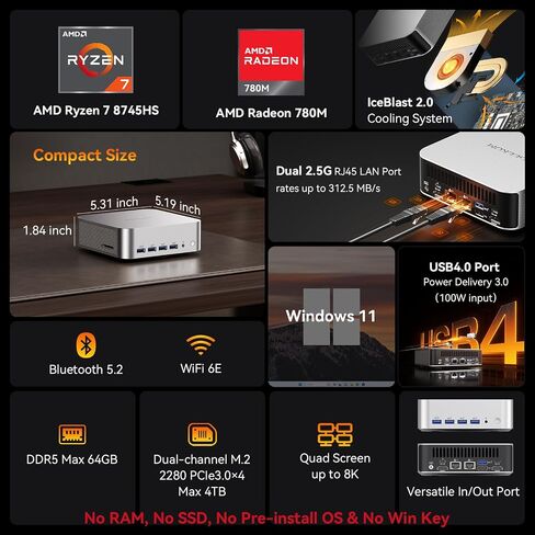 GEEKOM Barebones A8 Max Office Mini PC|AMD Ryzen 7 8745HS (Beats 7735hs) | Without RAM/SSD/OS(Memory Free),Dual LAN Mini Desktop Computer[3-Year Coverage] ,Radeon 780M/USB4/8K in Saudi Arabia