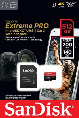 SanDisk Extreme PRO microSDXC UHS-I Memory Card 512 GB + Adapter & RescuePRO Deluxe (for Smartphones, Action Cameras or Drones, A2, Class 10, V30, U3, 200 MB/s Transfer) in Kuwait