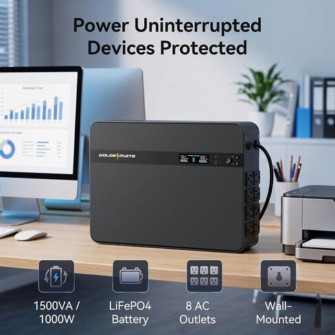 GOLDENMATE 1500VA / 1000W بطارية ليثيوم UPS احتياطية وواقي من زيادة التيار، رمادي | موجة جيبية نقية، بطارية احتياطية LiFePO4 بقدرة 230 وات في الساعة، 8 منافذ ومنفذين USB، حامل على الحائط، شاشة LCD، ضوء طوارئ مدمج in Kuwait