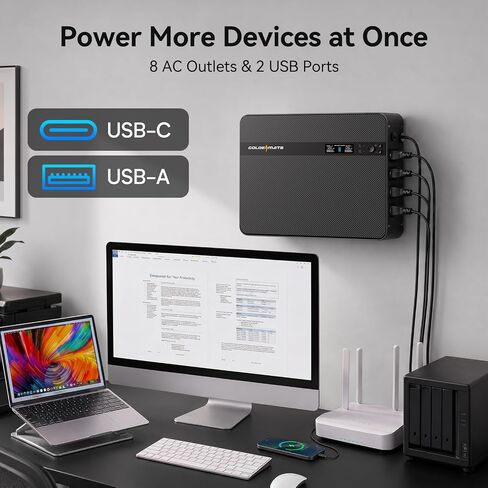 GOLDENMATE 1500VA / 1000W بطارية ليثيوم UPS احتياطية وواقي من زيادة التيار، رمادي | موجة جيبية نقية، بطارية احتياطية LiFePO4 بقدرة 230 وات في الساعة، 8 منافذ ومنفذين USB، حامل على الحائط، شاشة LCD، ضوء طوارئ مدمج in Kuwait