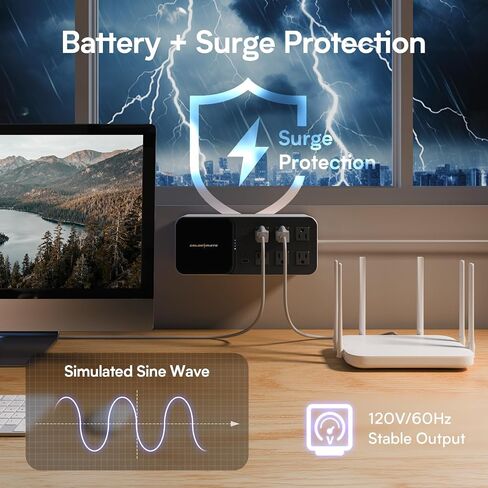 GOLDENMATE 600VA/360W Lithium UPS Battery Backup and Surge Protector | 6 Outlets, 2 USB Ports, Wireless Charging, Wall Mount, Compact Design, 76.8Wh LiFePO4 Backup Battery for Home Office Devices in Saudi Arabia