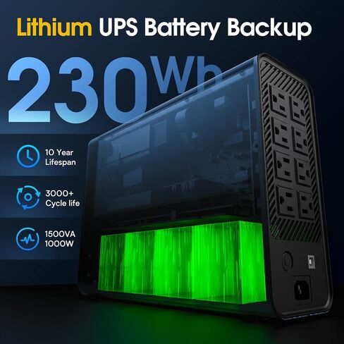GOLDENMATE 1500VA/1000W Lithium UPS Battery Backup & Surge Protector, White | Pure Sine Wave, 8 Outlets & 2 USB Ports, LCD Display, 230Wh LiFePO4 Battery Backup for PC/NAS/Home Offices in Saudi Arabia