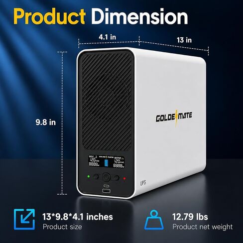 GOLDENMATE 1500VA/1000W Lithium UPS Battery Backup & Surge Protector, White | Pure Sine Wave, 8 Outlets & 2 USB Ports, LCD Display, 230Wh LiFePO4 Battery Backup for PC/NAS/Home Offices in Saudi Arabia