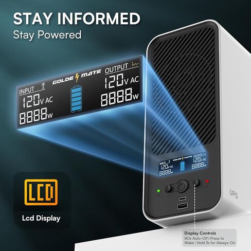 GOLDENMATE 1500VA/1000W Lithium UPS Battery Backup & Surge Protector, White | Pure Sine Wave, 8 Outlets & 2 USB Ports, LCD Display, 230Wh LiFePO4 Battery Backup for PC/NAS/Home Offices in Saudi Arabia