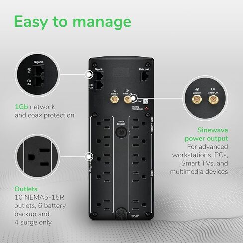 APC UPS 1000VA/600W Pure Sine Wave UPS for Computer, Electronics, BR1000MS | Back-UPS Pro Sinewave UPS for PC, gaming & home offices. Surge protection, AVR, USB-C charging, User-replaceable battery in Saudi Arabia