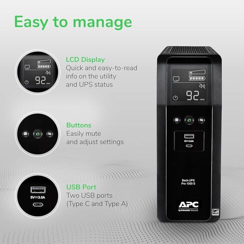 APC UPS 1000VA/600W Pure Sine Wave UPS for Computer, Electronics, BR1000MS | Back-UPS Pro Sinewave UPS for PC, gaming & home offices. Surge protection, AVR, USB-C charging, User-replaceable battery in Saudi Arabia