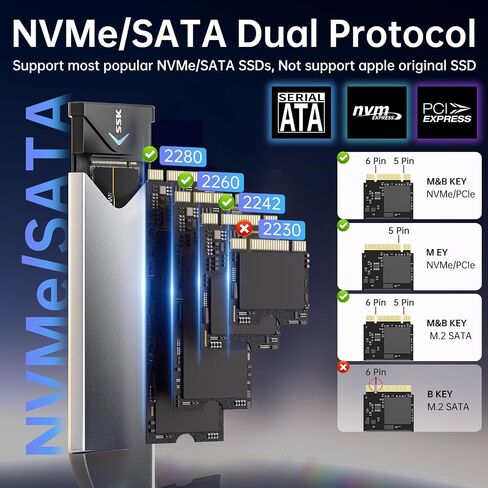 SSK M.2 إلى USB NVMe SATA SSD قارئ محول USB 3.2 Gen2 بسرعة 10 جيجابت في الثانية | لـ NVMe/SATA SSD، مفتاح M/B+M، شريحة RTL9210B، 10 جيجابت في الثانية PCIe، 6 جيجابت في الثانية NGFF، UASP، SMART & TRIM، 2240/2260/2280، LED، ألومنيوم in Kuwait