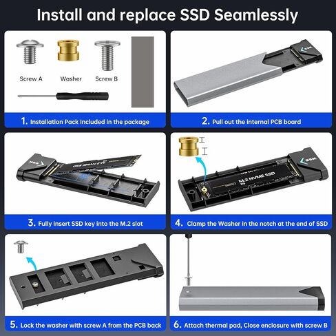 SSK M.2 إلى USB NVMe SATA SSD قارئ محول USB 3.2 Gen2 بسرعة 10 جيجابت في الثانية | لـ NVMe/SATA SSD، مفتاح M/B+M، شريحة RTL9210B، 10 جيجابت في الثانية PCIe، 6 جيجابت في الثانية NGFF، UASP، SMART & TRIM، 2240/2260/2280، LED، ألومنيوم in Kuwait