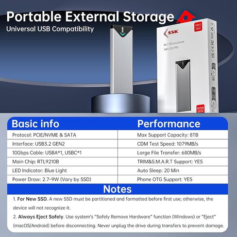 SSK M.2 إلى USB NVMe SATA SSD قارئ محول USB 3.2 Gen2 بسرعة 10 جيجابت في الثانية | لـ NVMe/SATA SSD، مفتاح M/B+M، شريحة RTL9210B، 10 جيجابت في الثانية PCIe، 6 جيجابت في الثانية NGFF، UASP، SMART & TRIM، 2240/2260/2280، LED، ألومنيوم in Kuwait