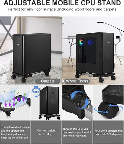 Computer Tower Stand, Adjustable Mobile CPU Stand with Rolling Caster Wheels, Premium PC Tower Stand Holder for Floor Carpet Gaming PC Case (black) in Saudi Arabia