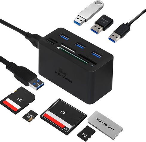 USB HUB Adapter w/ Memory Card Reader Writer & USB 3.0 HUB Combo - Supports High Speed SD MS Micro M2 CF Card Reader For Macbook, Laptop, Desktop - Includes USB Cable 5 Gbps Speed, Black in Kuwait