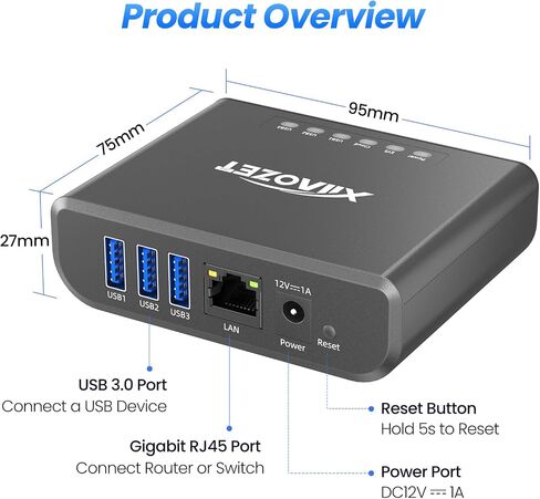 LK301E Gigabit USB3.0 Device Server, 3-Port USB Hub | 3-Port USB over IP for LAN, Compatible with Printers, Scanners & Dongles (Updated version) in Saudi Arabia