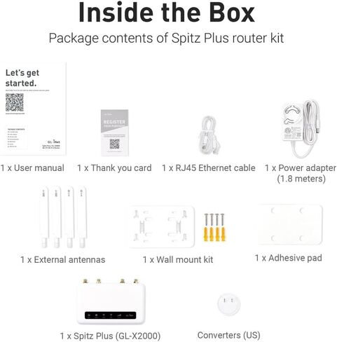 GL.iNet GL-X2000 Spitz Plus 4G LTE CAT 12 Wi-Fi 6 Dual-SIM Router, NA Only | 4G CAT 12, Wi-Fi 6, Detachable Antennas, Dual-SIM, T-Mobile & AT&T IoT Certified, OpenWrt VPN, Home, RV, Road Trips, Offices in Kuwait
