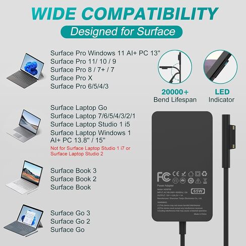 65W Charger Compatible with Microsoft Surface Pro 11, 10, 9, 8, 7+, 7, 6, 5, 4, 3, X, Power Adapter for Windows Surface Laptop 7/6/5/4/3/2/1, Go Tablet, Book 3/2/1, Support 44W, 36W, LED, 10FT in Saudi Arabia