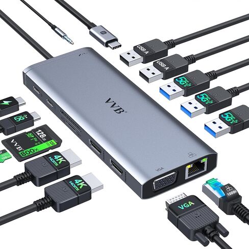 USB C Laptop Docking Station Dual Monitor HDMI Type C Hub Multiport Adapter | USB C Dongle Dock 14 in 1 USB C to 2 HDMI 4K+DisplayPort+Ethernet+4USB+2USB C+100W PD Charger+SD/TF for Dell/Lenovo/HP Laptop in Saudi Arabia