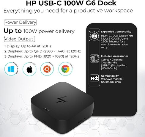 HP USB-C 100W G6 Dock with 100W Power Delivery, 120Hz + ANYHDD Cloth, USB C, HDMI, DisplayPort Cables Included in Saudi Arabia
