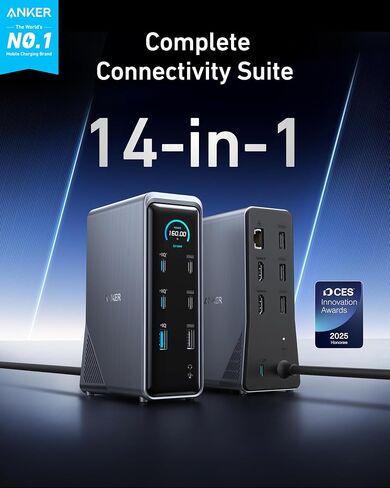 Anker Prime Docking Station, 14-in-1 Laptop Docking Station Dual Monitor | Dual 4K HDMI, 160W Max Output, 10Gbps Data Transfer, Smart Interface, Audio and Ethernet Ports for Dell, HP, Lenovo and More in Kuwait
