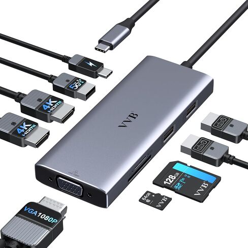 USB C Laptop Docking Station Dual Monitor HDMI USB C Hub Multiport Adapter | USB C Dongle Dock 14 in 1 USB C to 2 HDMI 4K+DisplayPort+Ethernet+4USB+2USB C+100W PD Charger+SD/TF for Dell/Lenovo/HP Laptop in Saudi Arabia