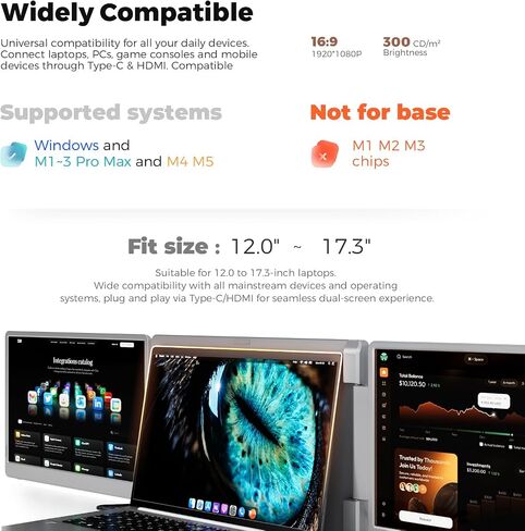 Laptop Screen Extender, 15.6" FHD Laptop Monitor Extender, Triple Portable Monitor for 12"-17.3" Laptops, Plug & Play, 360° Rotation Screen, Compatible with MacOS/Wins/Switch/Surface in Kuwait
