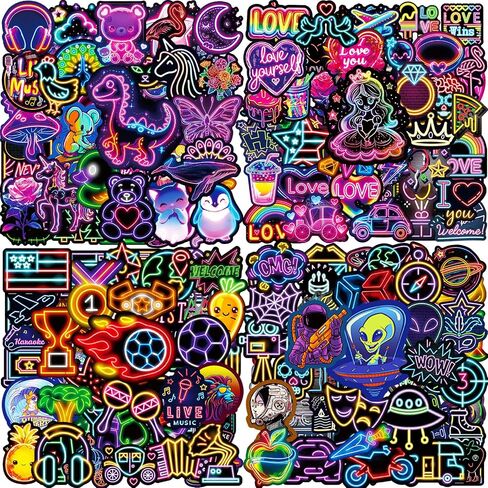 Water Bottle Stickers 100 Pcs Cool Cute Neon Sticker Packs, Prizes for Kids Classroom Rewards, Waterproof Vinyl Stickers for Water Bottles Laptop Scrapbooking Skateboard Journaling Luggage Tumbler etc in Saudi Arabia