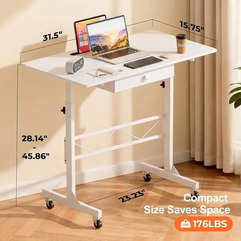 COMHOMA Small Standing Desk with Storage Drawer, Mobile Height Adjustable Rolling Sit Stand Desk with Lockable Wheels 4‑Level Portable Laptop Desk for Small Space Home Office Treadmill Workstation in Saudi Arabia